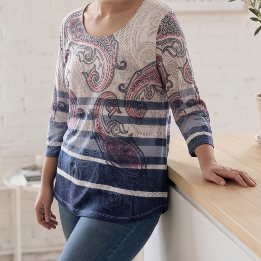 Allison Daley Petite PM Blue Paisley Stripe 3/4 Sleeve Rhinestone Top